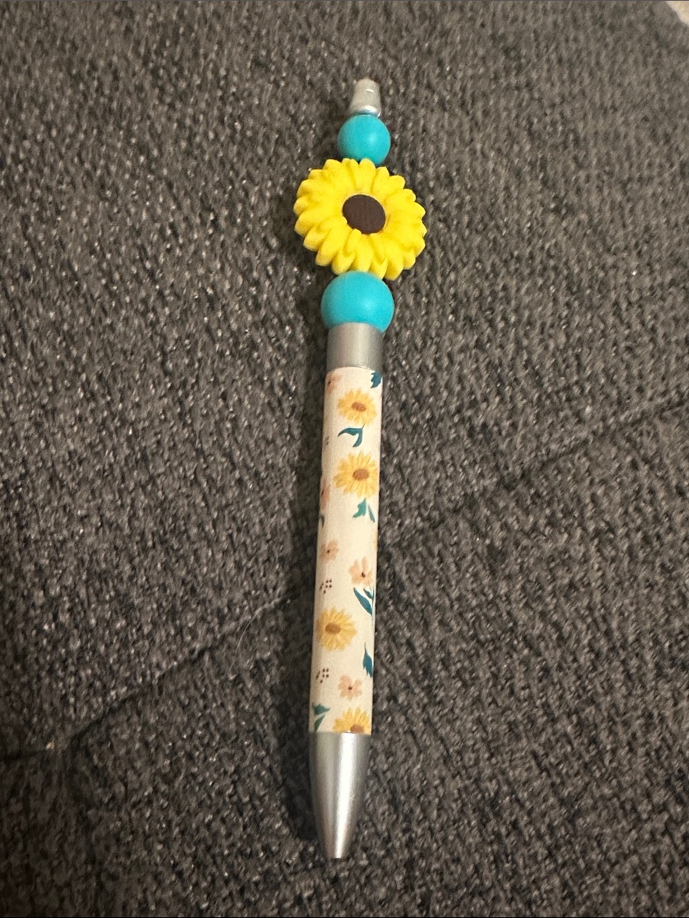 NWOT Handmade Sunflower Floral Ballpoint Pen with Bead Charm - Yellow & Teal